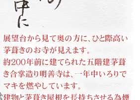 展望台から見て奥の方に、ひと際高い茅葺きのお寺が見えます。